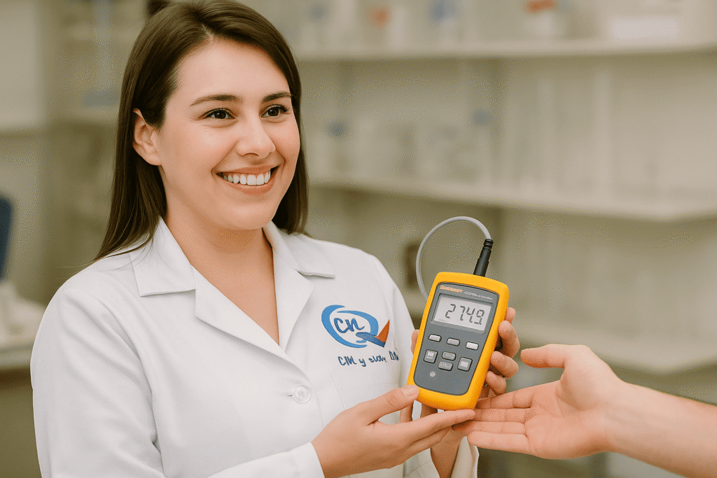 Personal de cm y cia ltda haciendo entrega de un servicio de calibración para un termómetro digital