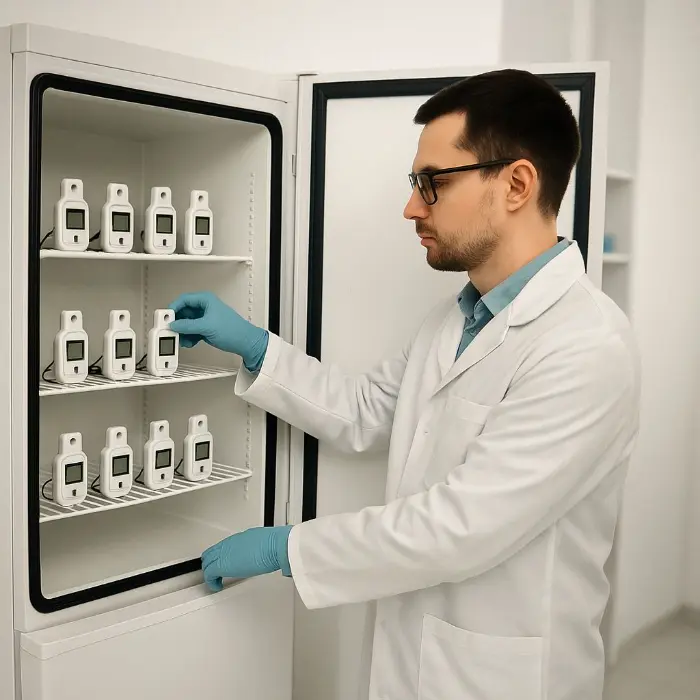 Profesional revisando temperatura en refrigerador de laboratorio