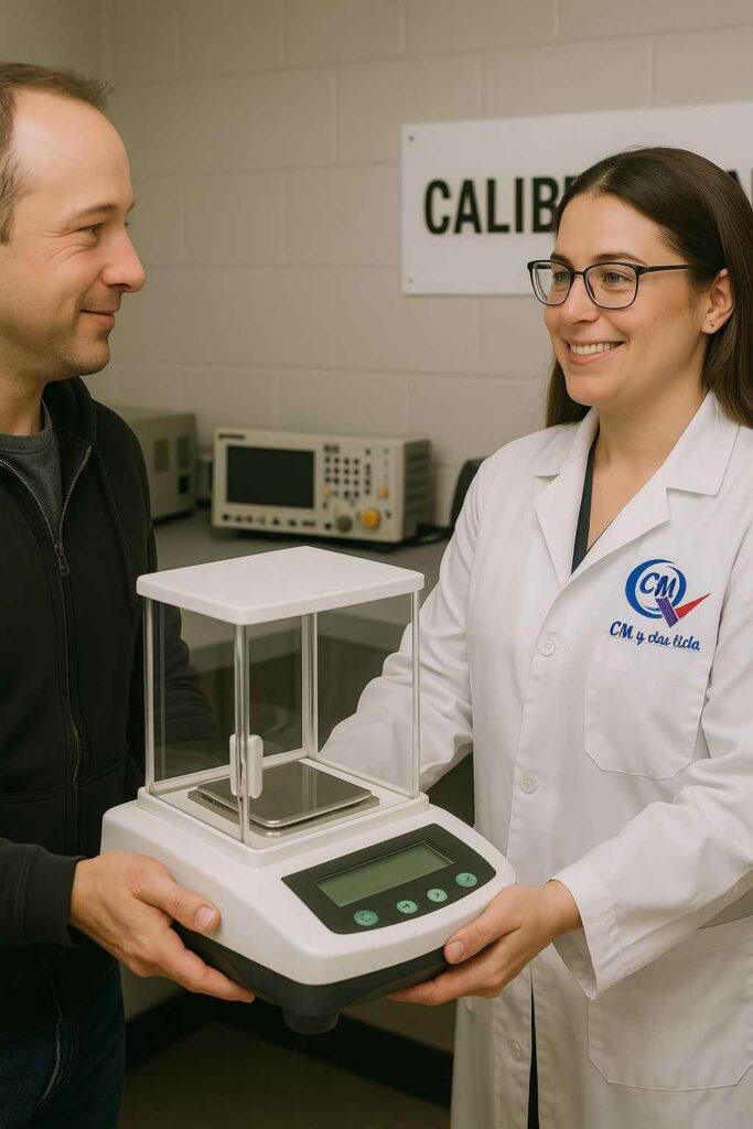 Entrega de balanza analítica calibrada por técnica de CM Y CIA LTDA a cliente en laboratorio en Bogotá