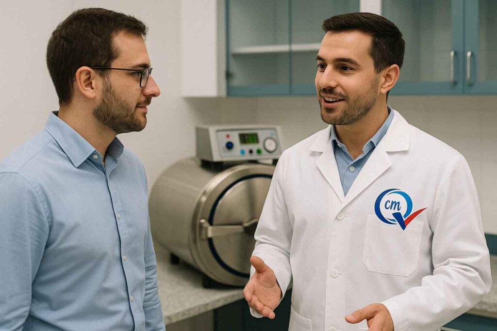 Especialista de CM Y CIA LTDA explicando el proceso de calibración certificada de autoclaves a cliente en Bogotá