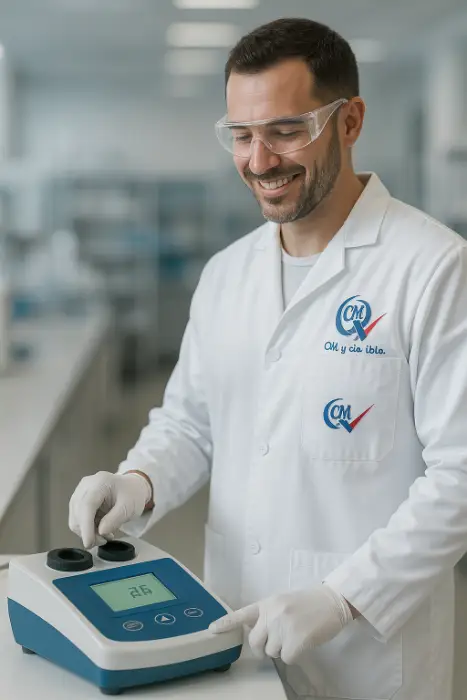 profesional de laboratorio con un medidor de turbidez o turbidimetro