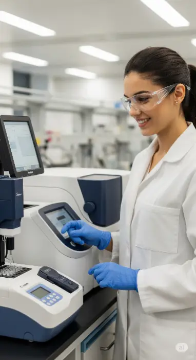 profesional de laboratorio trabajando en un lector de elisa