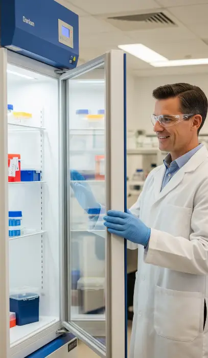 profesional revisando un congelador de laboratorio