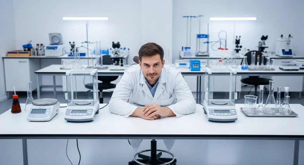 tecnico a punto de realizar calibracion interna y externa a unas balanzas de laboratorio