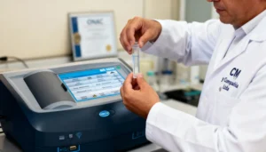 técnico de laboratorio revisando la calibración de espectrofotómetro