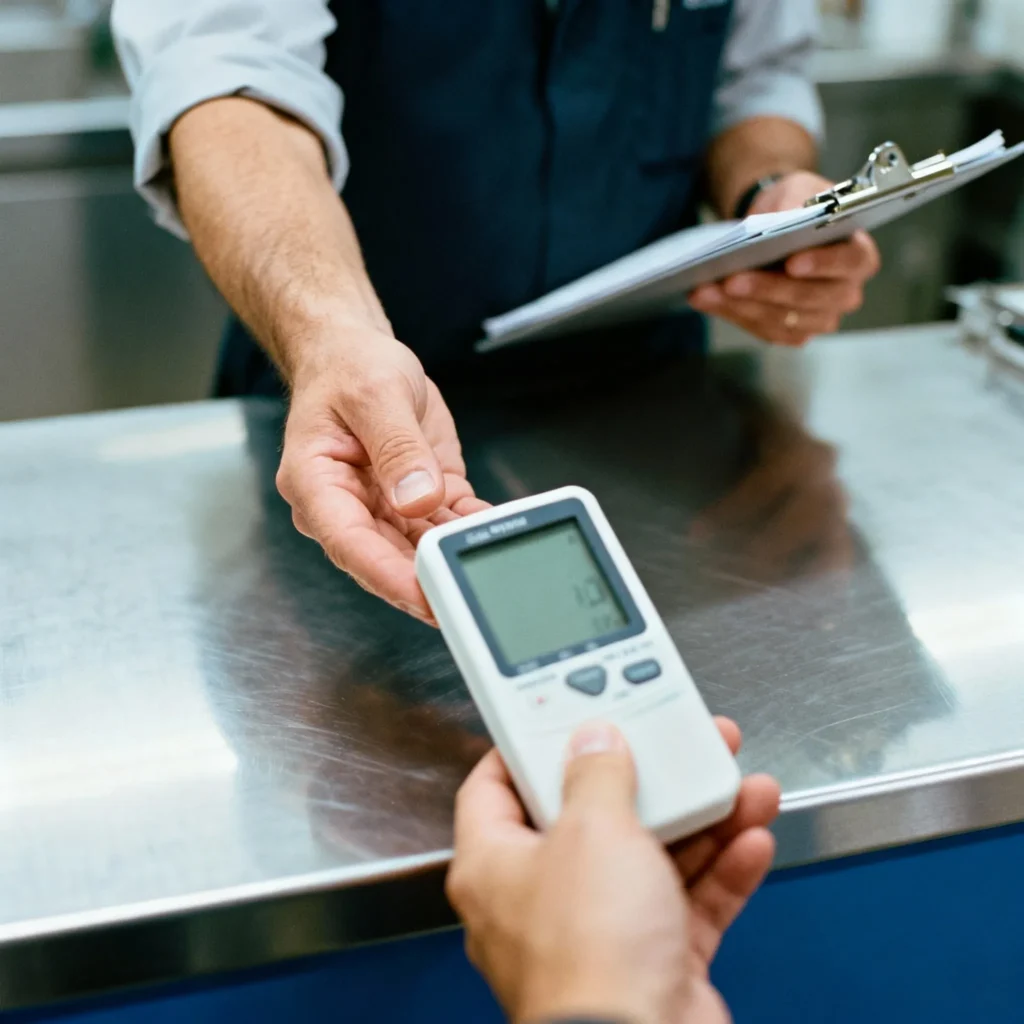 personal recibiendo equipo para calibracion de termohigrometro digital