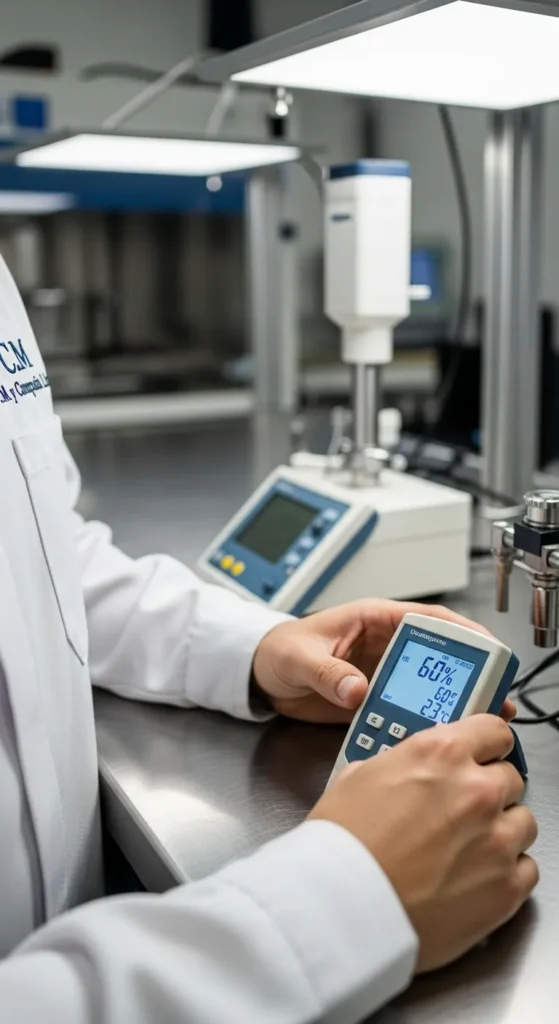 tecnico de laboratorio ajustando un termohigrometro con ambas manos.