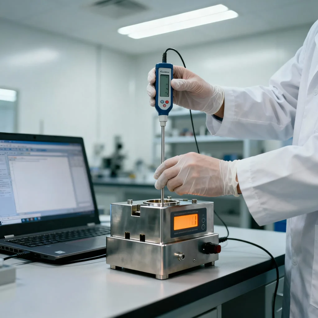 tecnico realizando proceso de calibracion de un termometro digital