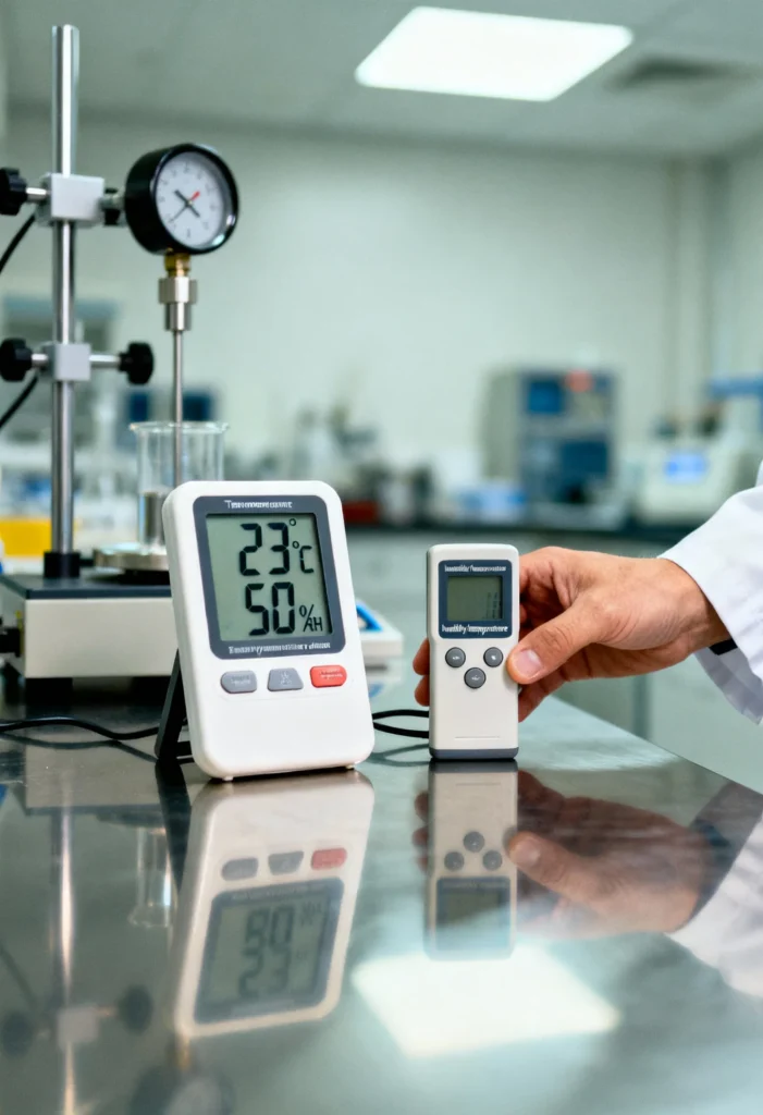 muestra de termohigrometro y sensor de ambiente en un mesón de laboratorio