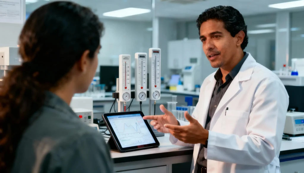 tecnico explica a un cliente la importancia del nuevo alcance obtenido por CM y Cia Ltda como Laboratorio de Calibración