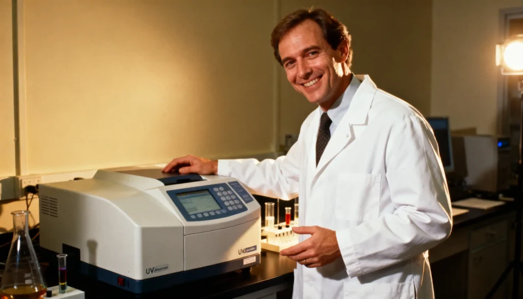 Técnico de laboratorio junto a un espectrofotometro